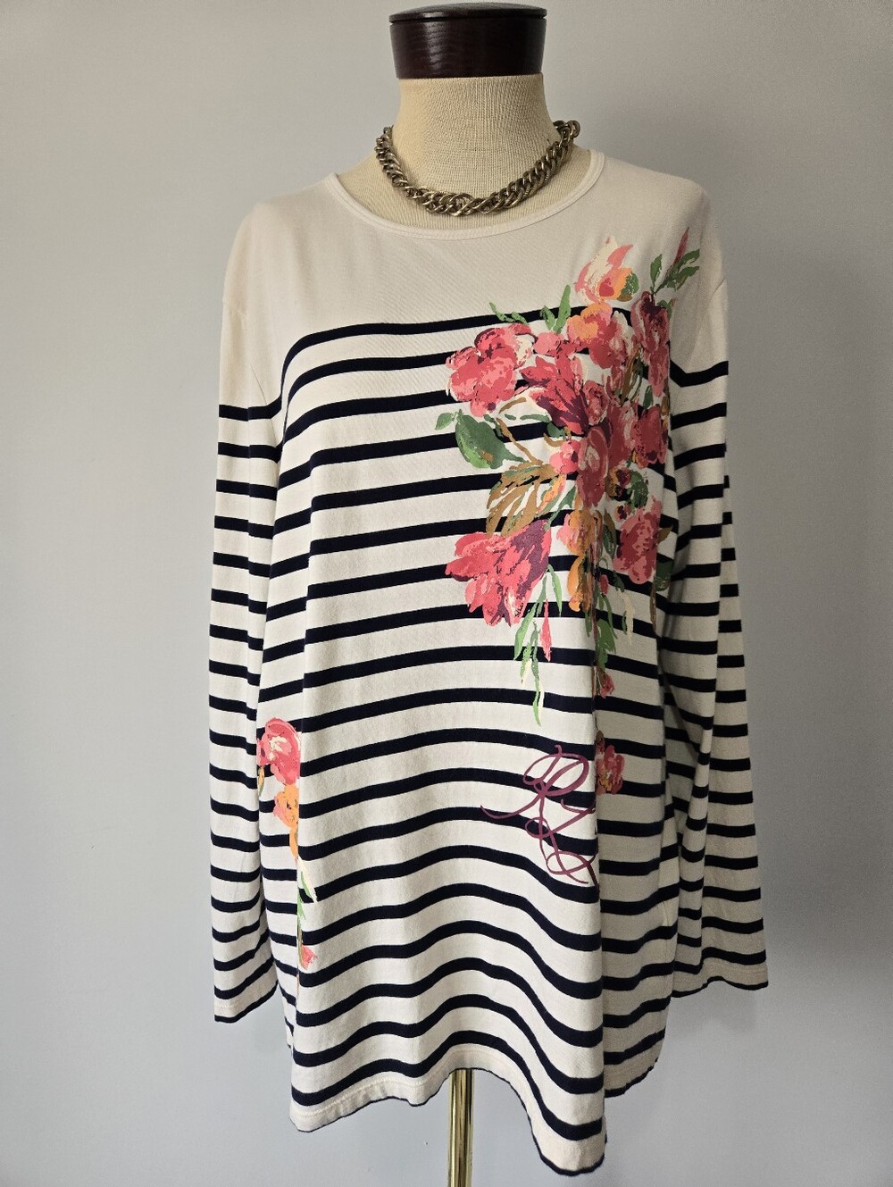Ralph Lauren Black And White Striped/ Floral Cotton/modal Top. Size 2XL